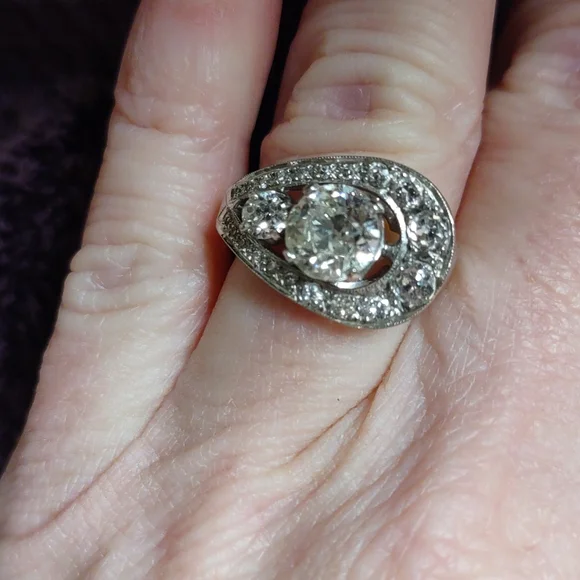 Old European cut diamond ring 14kt white gold U design - Picture 1 of 17